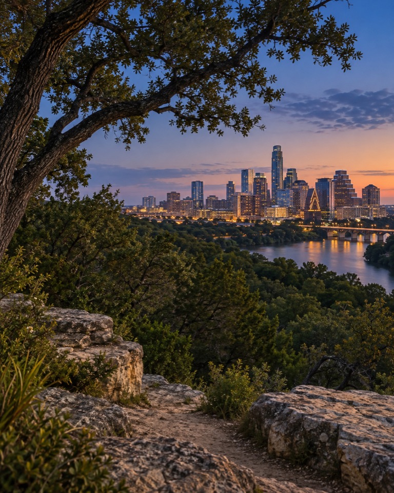 Austin's skyline glowing beyond a greenbelt overlook at dusk.