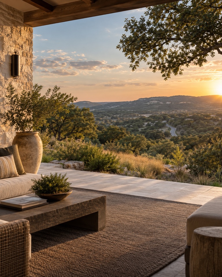 A warm Hill Country sunset seen from a limestone home terrace.